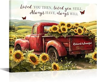 iLOOKLiKE Personalized Couples Names On the Tailgate Canvas Wall Art Farmhouse Red Truck Sunflower Prints Painting Custom Gifts for Her Him Anniversary Wedding Valentine's Day Home Decor