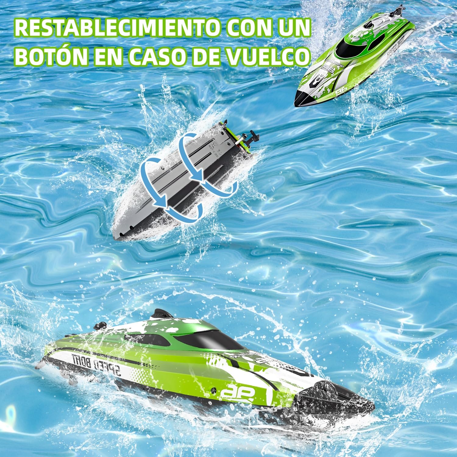 Barco teledirigido a partir de 6 8 años, 25 km/h, barco teledirigido con luz LED, 2,4 GHz ajustable, 2 baterías para 40 minutos de tiempo de reproducción, lancha rápida teledirigida para adultos y
