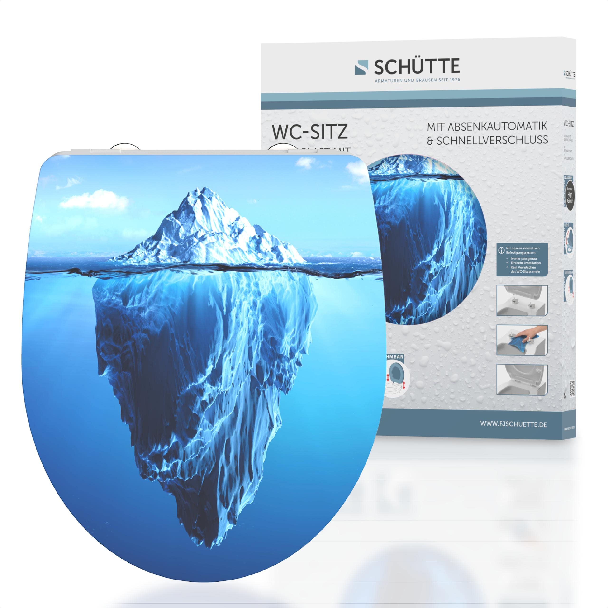 SCHÜTTE WC-Sitz ICEBERG mit Absenkautomatik und Schnellverschluss aus Duroplast, Toilettendeckel mit 175kg Belastbarkeit, Toilettensitz mit Brille, Klodeckel für WC, Klobrille mit Motiv