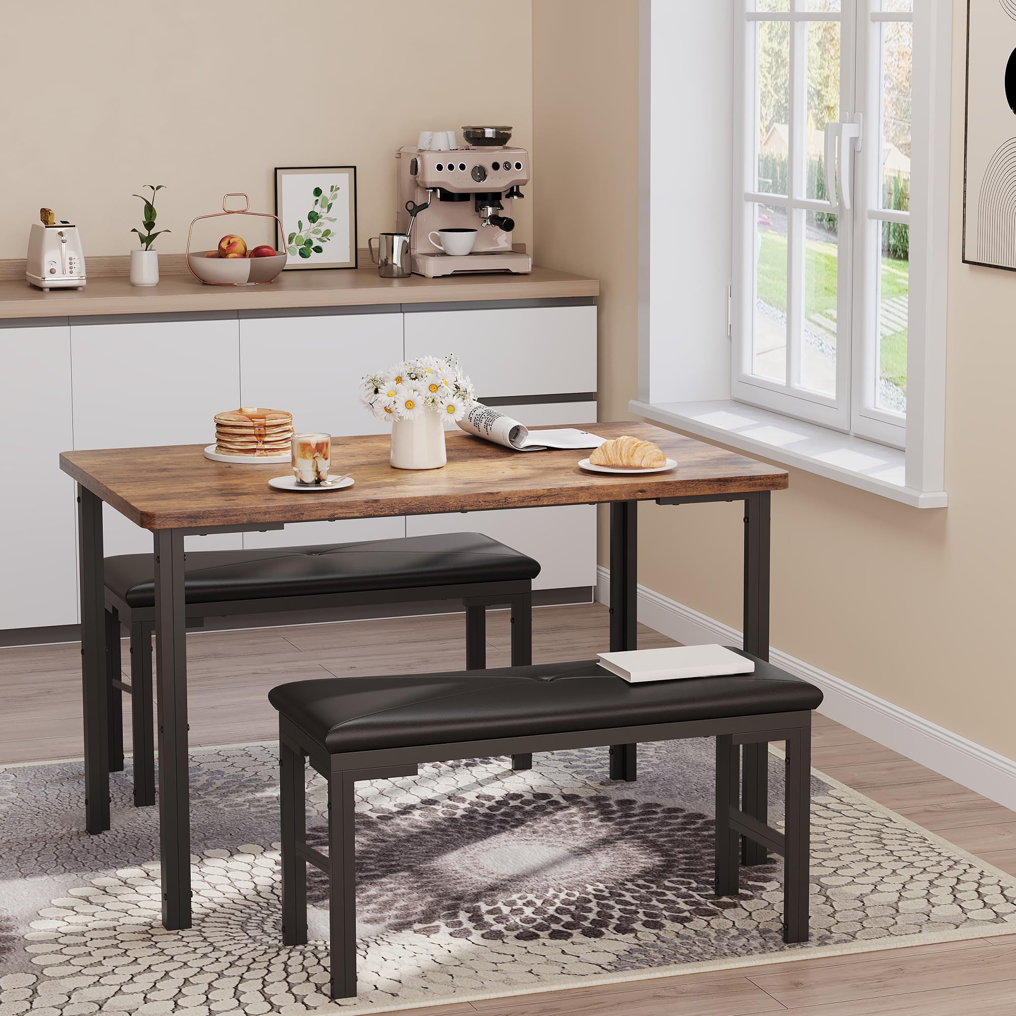 Juego de mesa de comedor para 4 personas con 2 bancos tapizados y mesa de cocina de 3 piezas retro