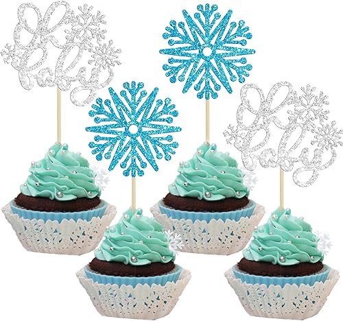 Miniatura 7 de Gyufise Paquete de 24 adornos de copos de nieve de doble capa con purpurina rosa de invierno con temática de congelado para cupcakes, baby shower,