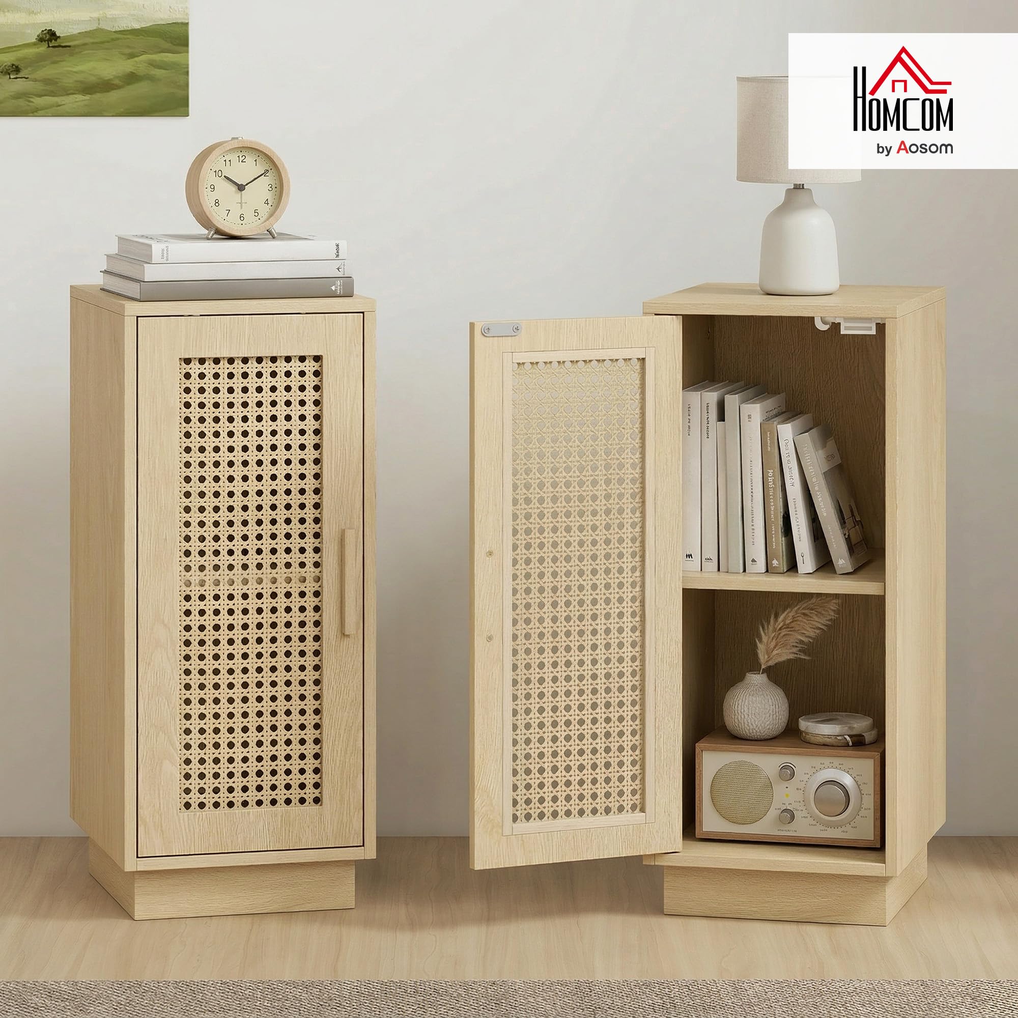 HOMCOM Lot de 2 Tables de Chevet, Tables de Nuit, Bois Naturel | Étagère Réglable, Porte en Résine Tressée, Style Bohème, Chambre à Coucher, Salon