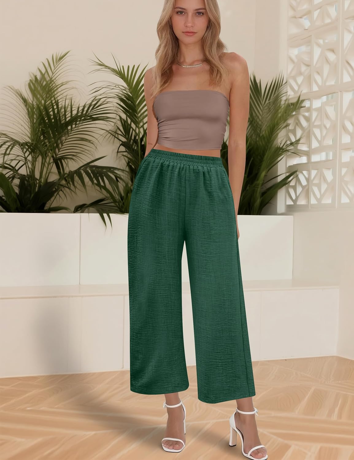 Womens Wide Leg Capri Pants Summer Palazzo Dressy Casual Pant Beach Loose High Waist Lounge Trouser with Pockets - Image 7