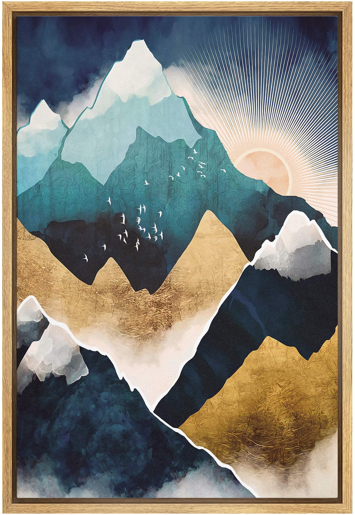 SIGNFORD Framed Canvas Print Wall Art Teal & Gold Mountains in The Clouds Abstract Wilderness Illustrations Modern Art Contemporary for Living Room, Bedroom, Office - 16"x24" Natural