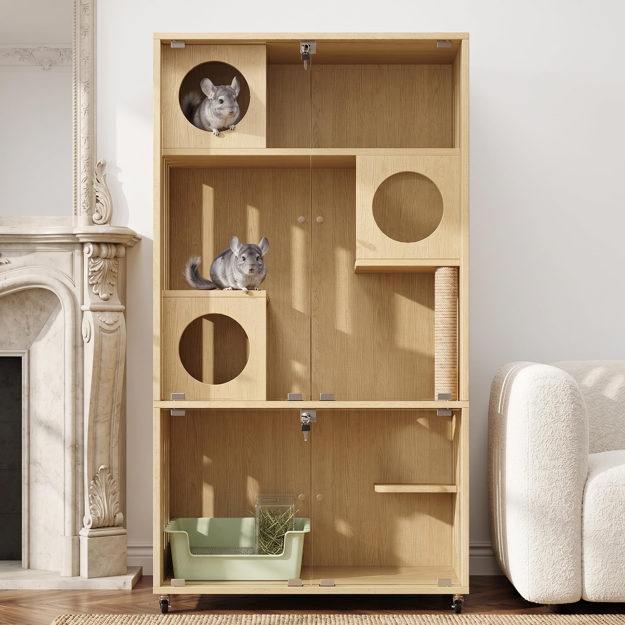 Gabbia mobile per gatti con serratura a chiave e porta di ingresso/uscita, 90 x 50 x 166 cm, in legno naturale, casetta per gatti e piccoli animali
