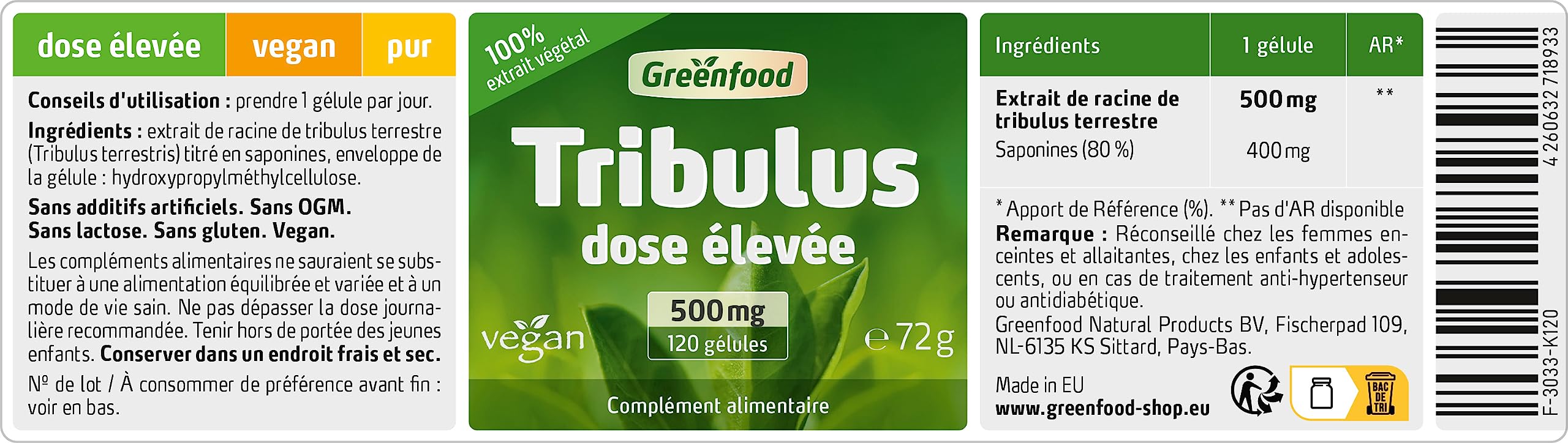 Greenfood Tribulus Terrestris, 500 mg, 120 gélules, dose élevée - Sans additifs. Sans génie génétique. Vegan.