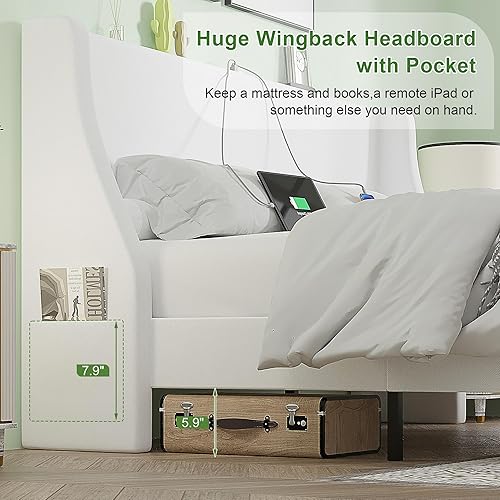 Miniatura 19 de VECELO Base de cama matrimonial con cabecera tapizada con respaldo alado, plataforma resistente con estación de carga y bolsillos laterales, no