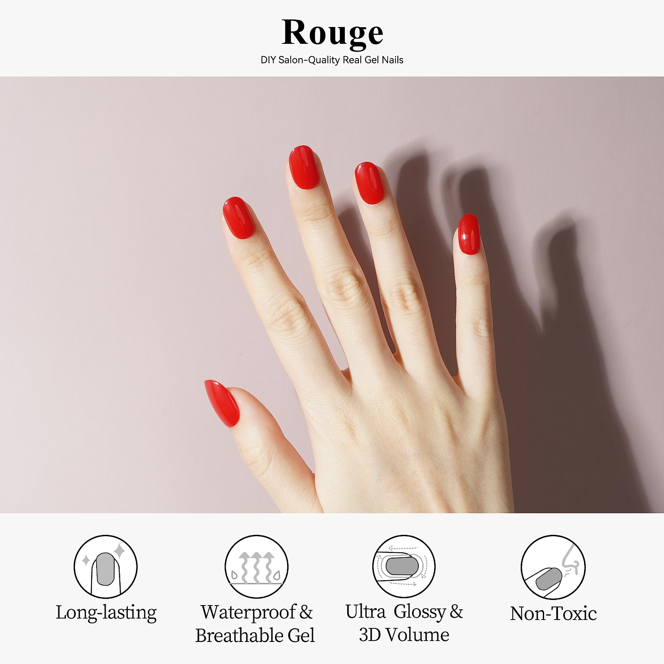 Drizzle Semi Cured Gel Nail Strips, Real Nail Polish Art Stickers (UV/LED Light Required), Glossy, Glitter, Solid Color, Full Nail Wraps Long Lasting, Nail Strips Decal for Women (Rouge)