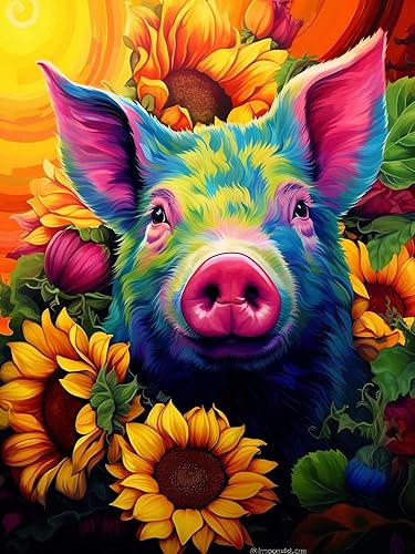 Yomiie Kits de arte de diamantes 5D para adultos, cerdo, pintura con diamantes, arte de girasol, animales, kit de taladro redondo completo, imagen