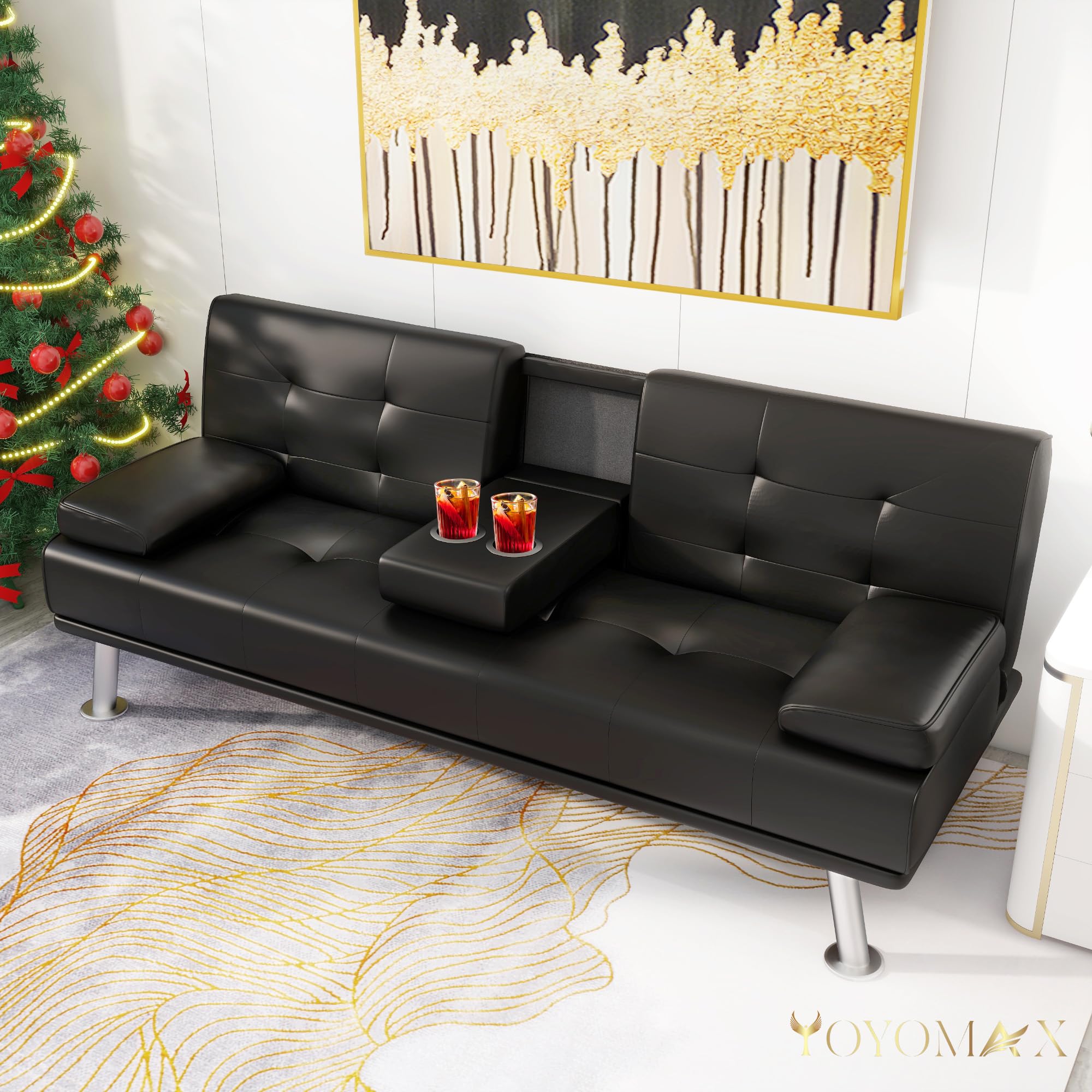yoyomax Futon Couch, Modern Faux Leather Futon Sofa Bed with 2 Cup ...