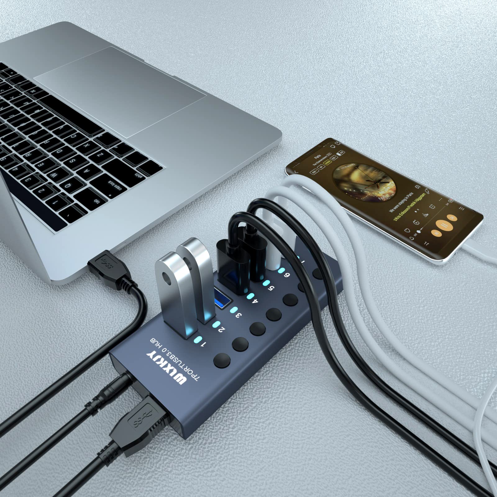 WLXKJY Hub USB 3.0 in alluminio, hub USB attivo - 7 porte USB 3.0 SuperSpeed, interruttori individuali e alimentatore da 36 W (12 V/3 A) per MacBook/MacBook Air/MacBook PRO
