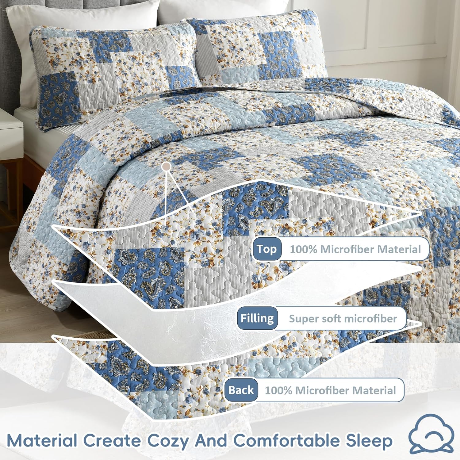 Mybedsoul Light Blue Quilt Set Queen Size, 3 Pieces Boho Plaid Floral Bedspread Set Microfiber Lightweight Bohemian Bedding Bedspread Coverlet Set for All Season 90"x96" - Image 3