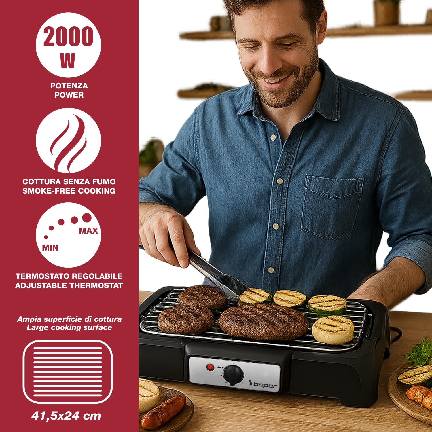 BEPER P101BBQ001 Barbecue Elettrico 2000W Griglia XXL 41,5x24 cm Cottura Senza Fumo