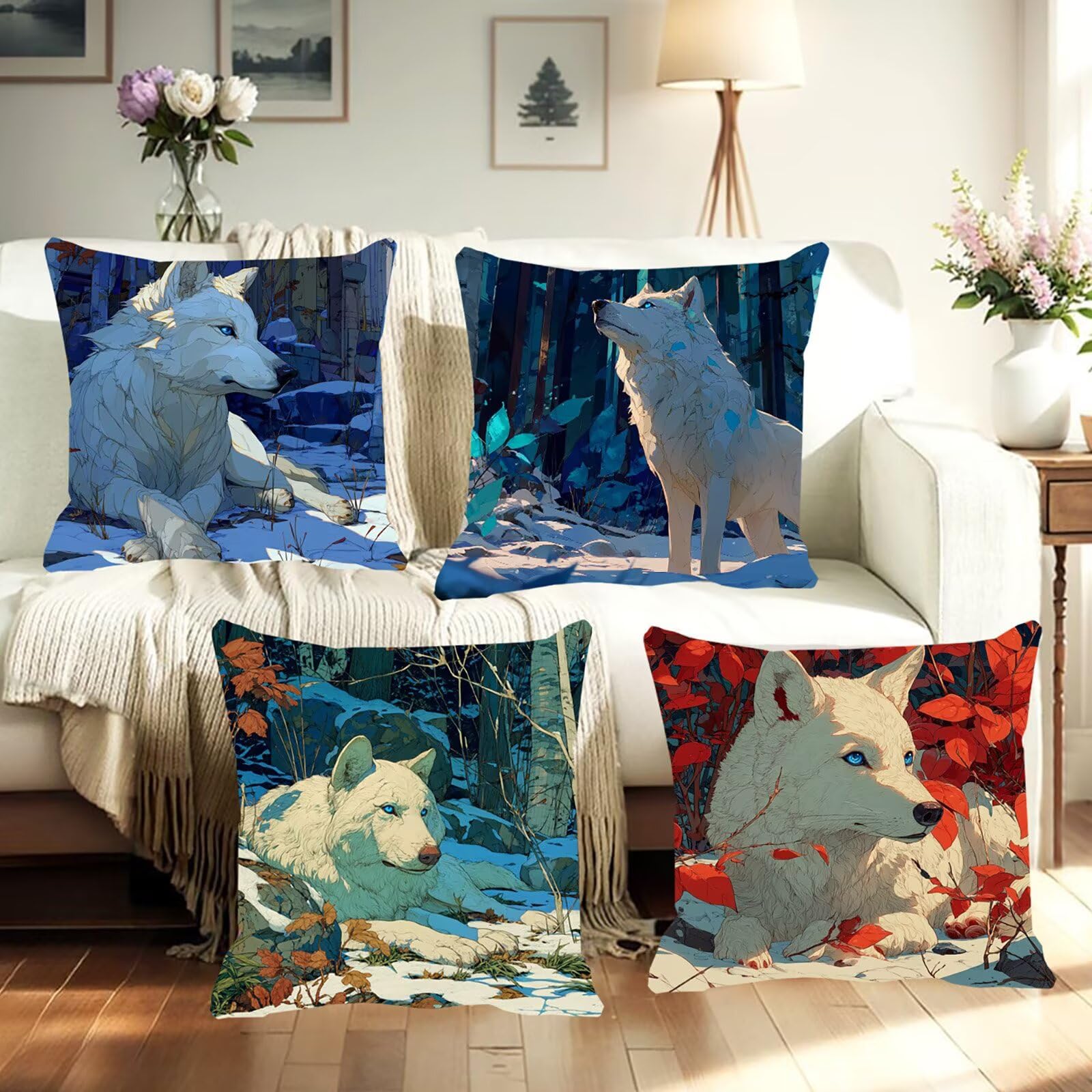 Housse Coussin 60x60 Lin Tissu Imperméable Extérieur, Lot de 4 Housse de Coussin Decoratif Canape Blanc Salon de Jardin Exterieur Coussin Canape pour Canapé Printemps Loup Décoration Art F0P-477