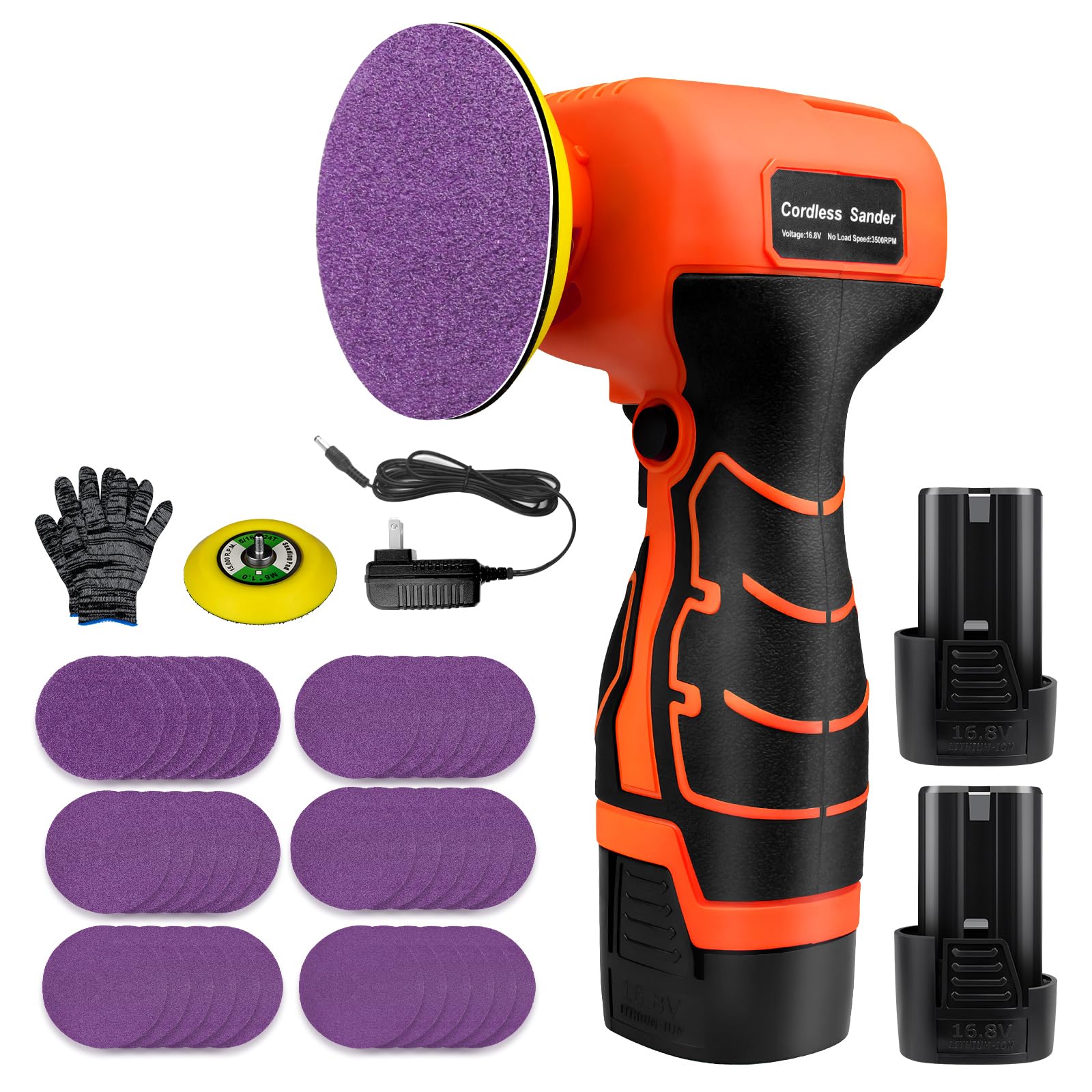 Levigatrice elettrica senza fili 16,8V con 36 fogli di carta abrasiva, 3500 giri/min, 2 batterie da 3,0 Ah, design leggero e compatto per legno, metallo, rimozione di vernice e progetti fai-da-te
