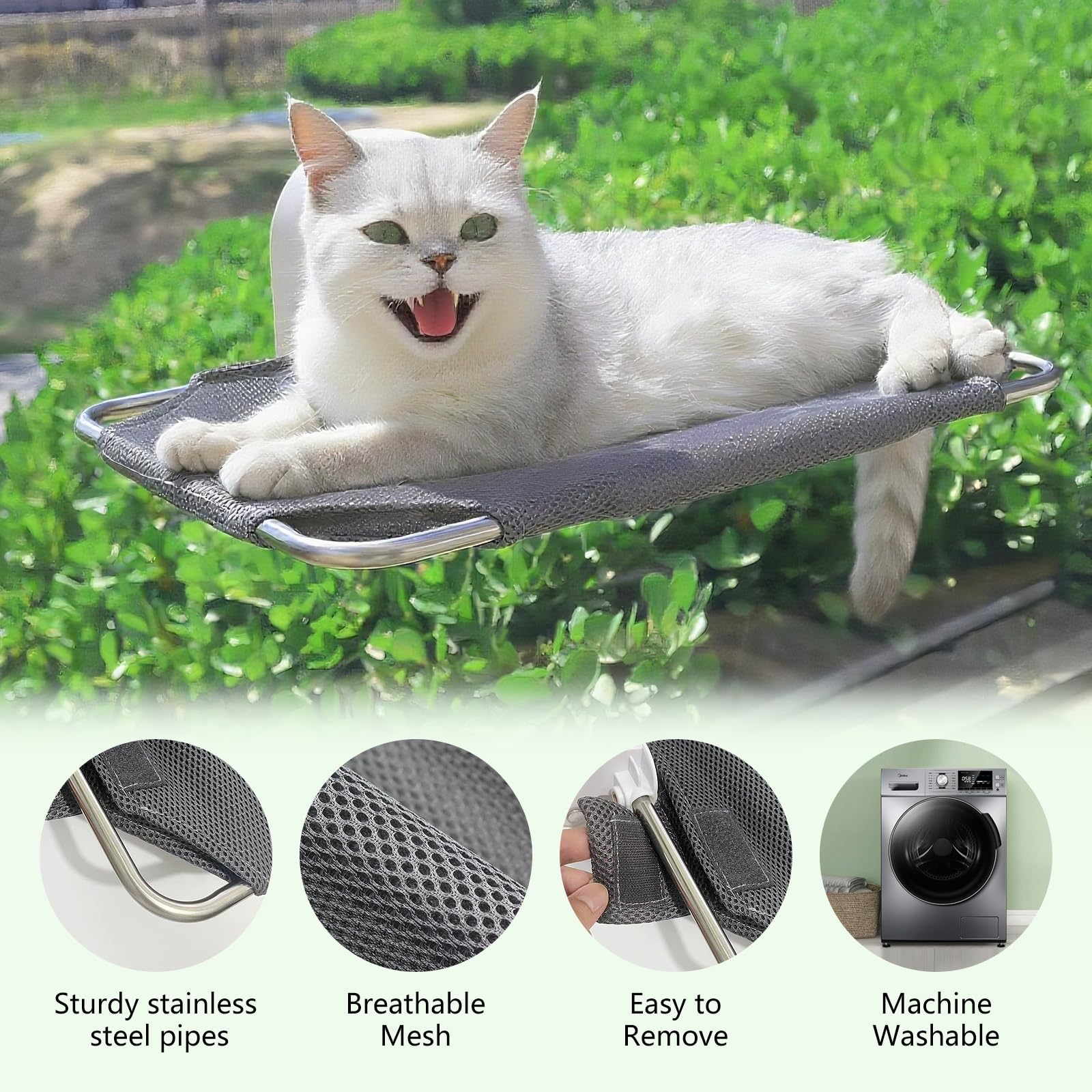 Perchoir de fenêtre pour chat, hamac de fenêtre sans fil, siège pour chat pour rebord de fenêtre, hamac pliable pour grands chats avec ventouses, cadre en métal robuste, housse en tissu amovible