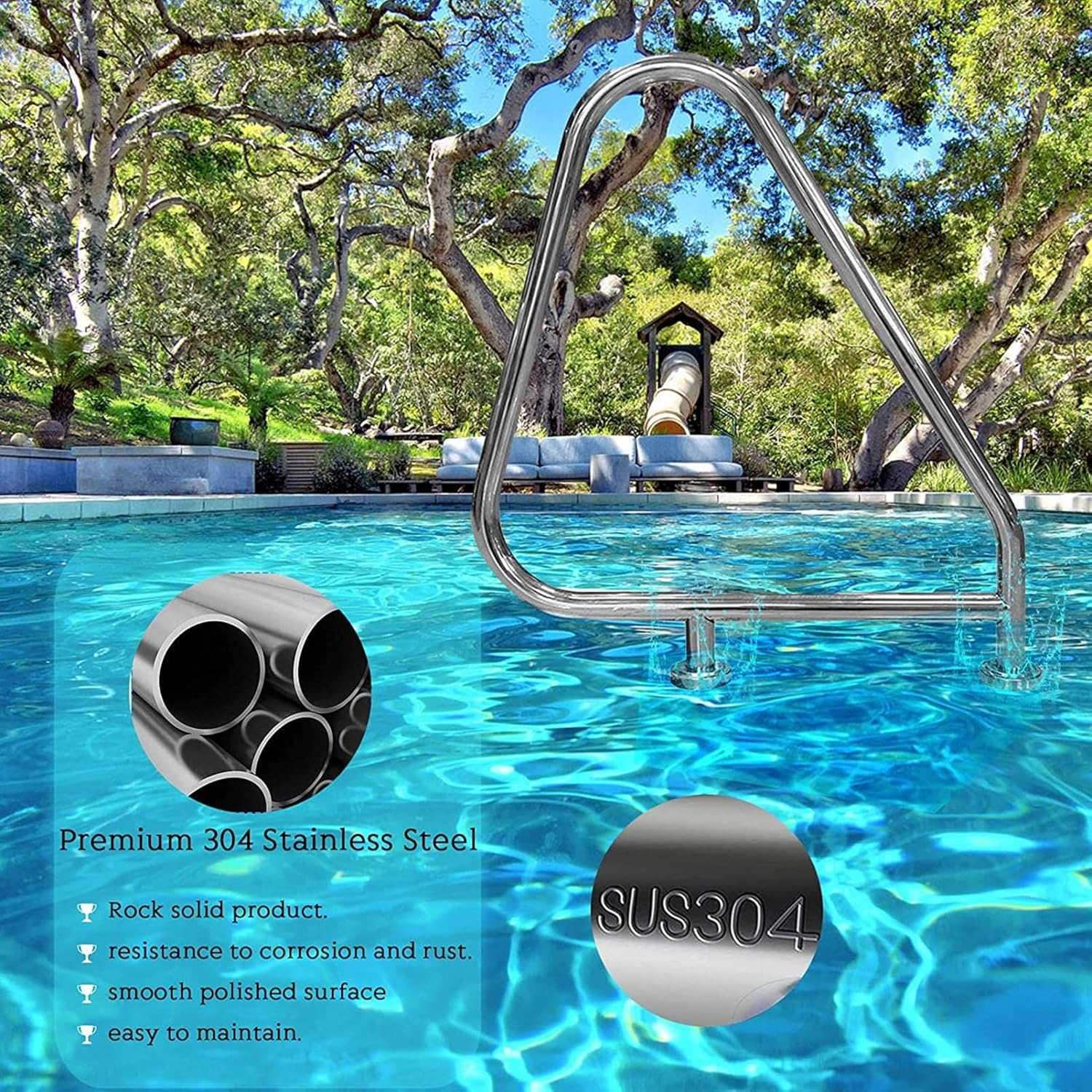 Sturdy Pool Safety Handrails Pool Handrails Swimming Pool Grab Rail with 4ft Blue Anti-uv Grip Cover 330lbs Load Capacity Pool Handrails Rustproof Pool Stair Railing Ergonomics Cur