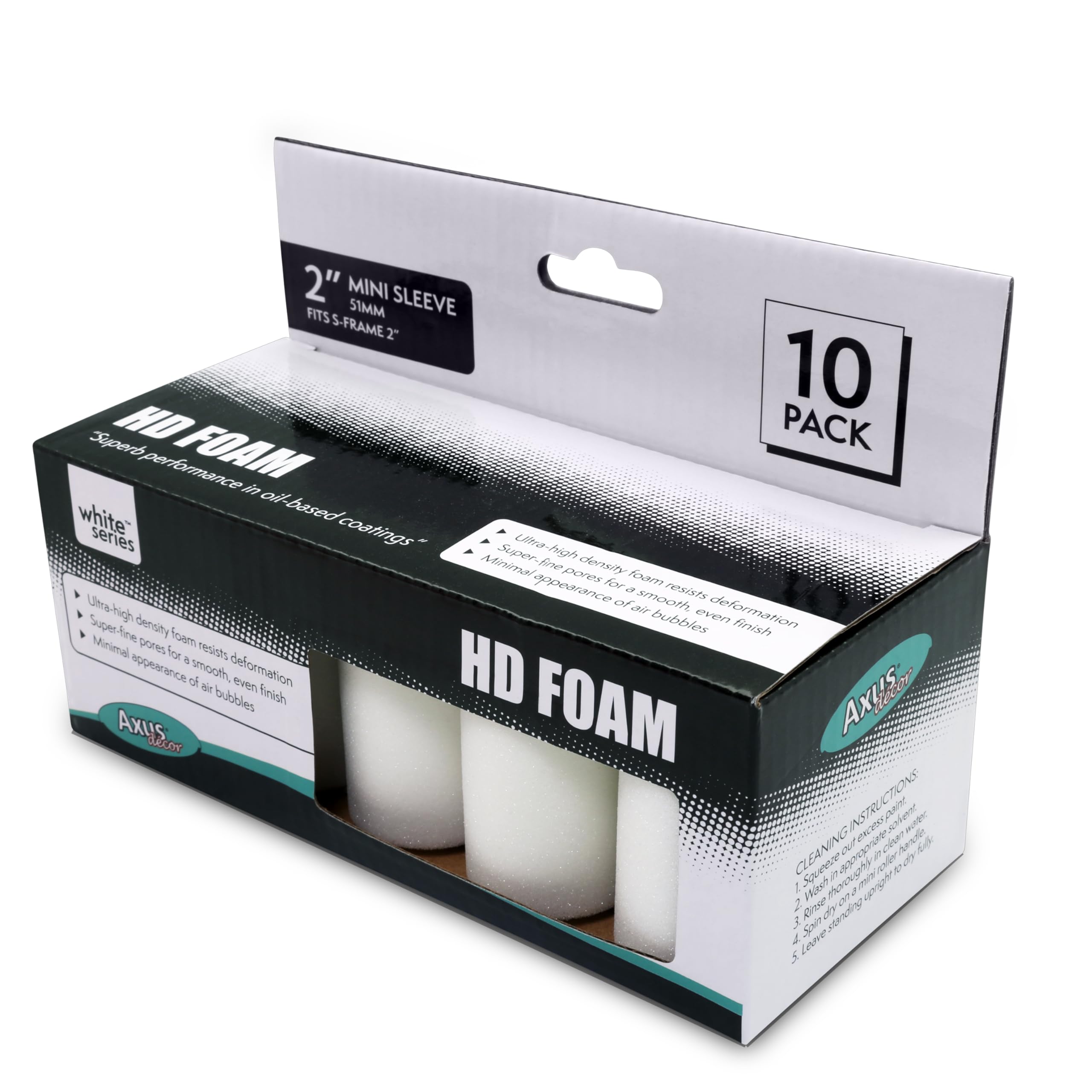 Axus Decor Hd Foam Mini Roller Sleeve 2 Inch/50mm (White Series),Pack of 10, Ultra High Density, Use with Oil Based Paints & Varnishes, for Detailed Finishing Work Around Cutouts, Fits Mini Handles.