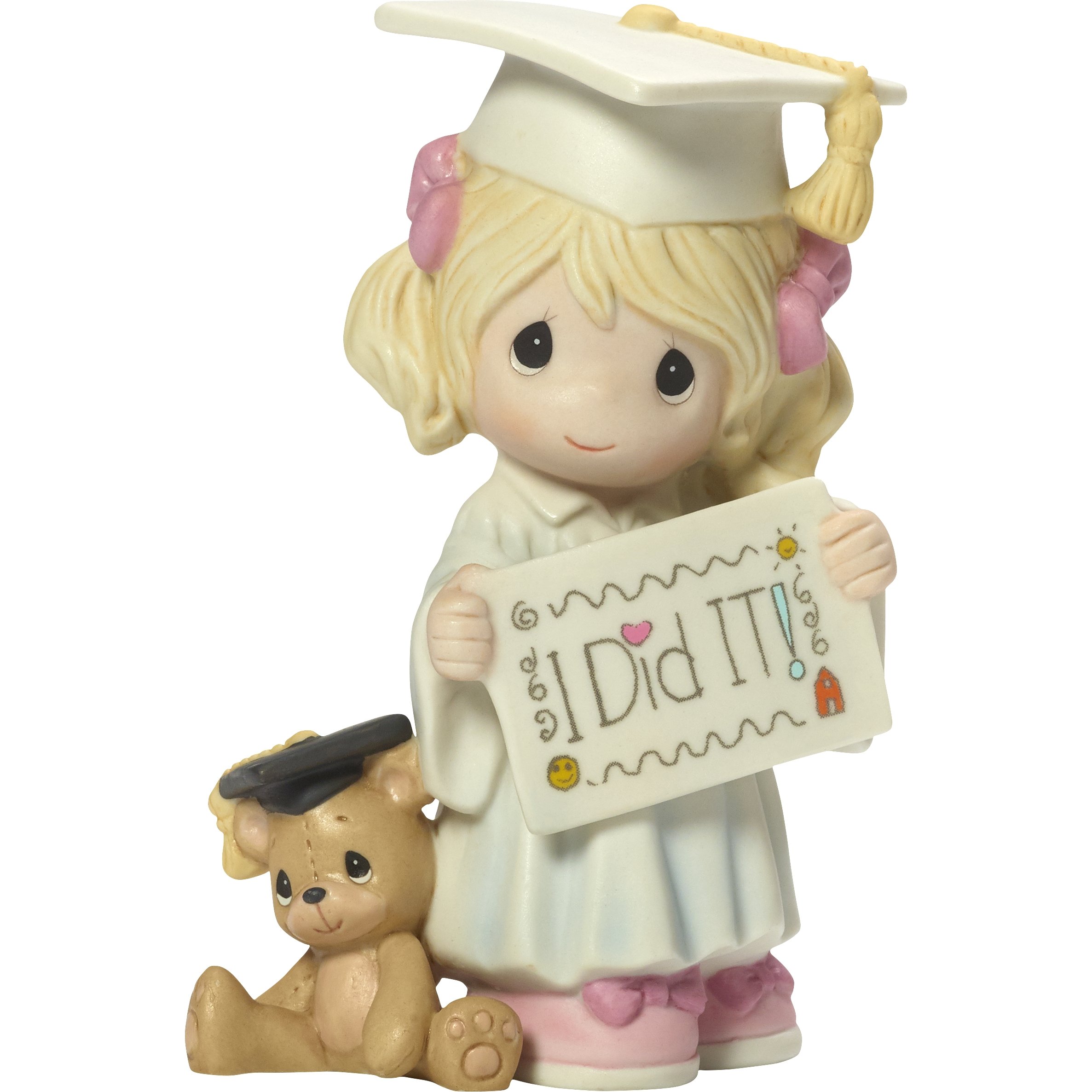 Precious MomentsLittle Girl Graduate Figurine | I Did It Graduation Girl with Teddy Bear Bisque Porcelain | Kindergarten Graduation Gift