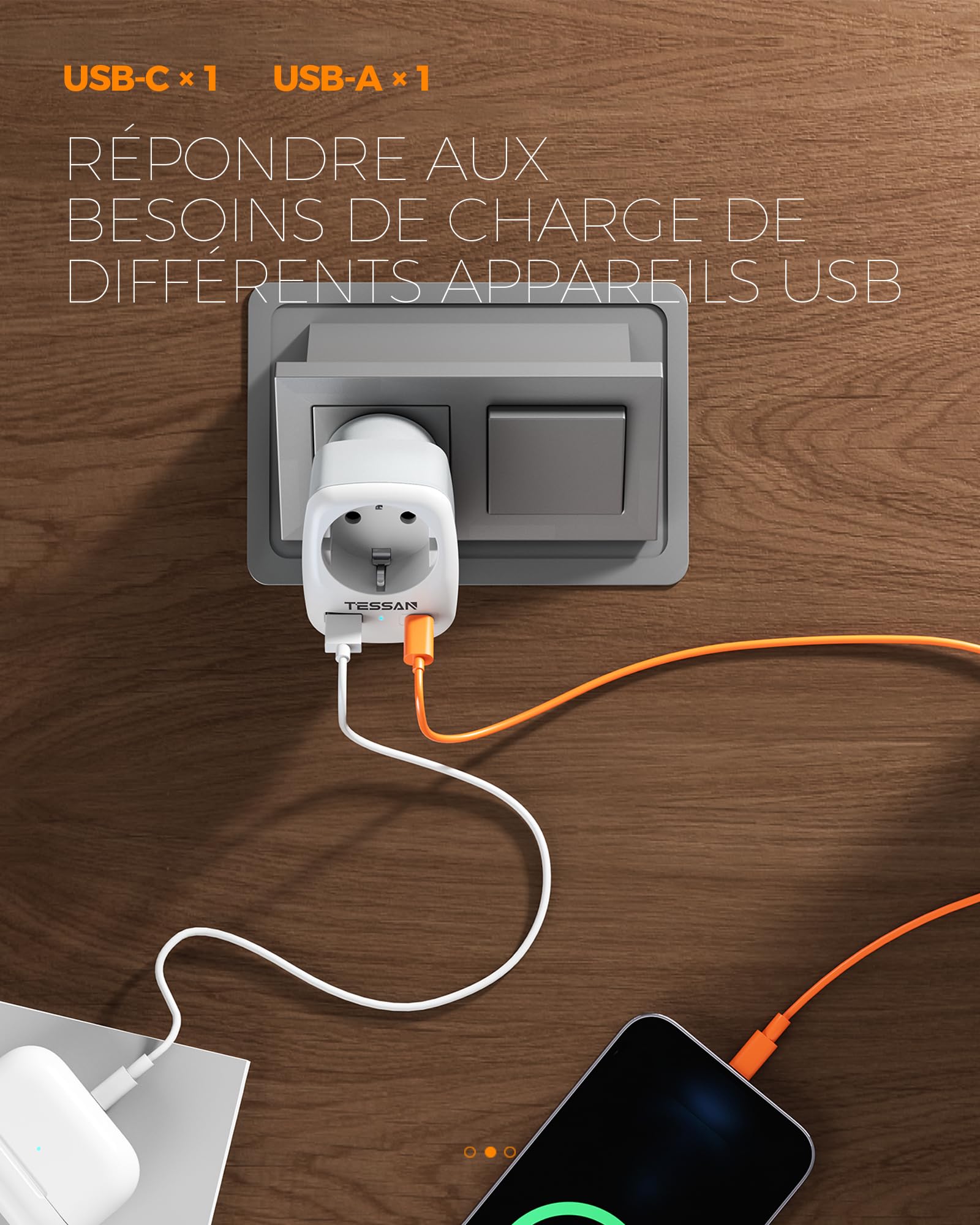 TESSAN Lot de 2 Adaptateur Prise USA, 3 en 1 Adaptateur Prise France vers USA 1250 W, Adapter Canada avec USB C et USB A, Chargeur Americain pour Philippines, Mexique, Thailande, Pérou