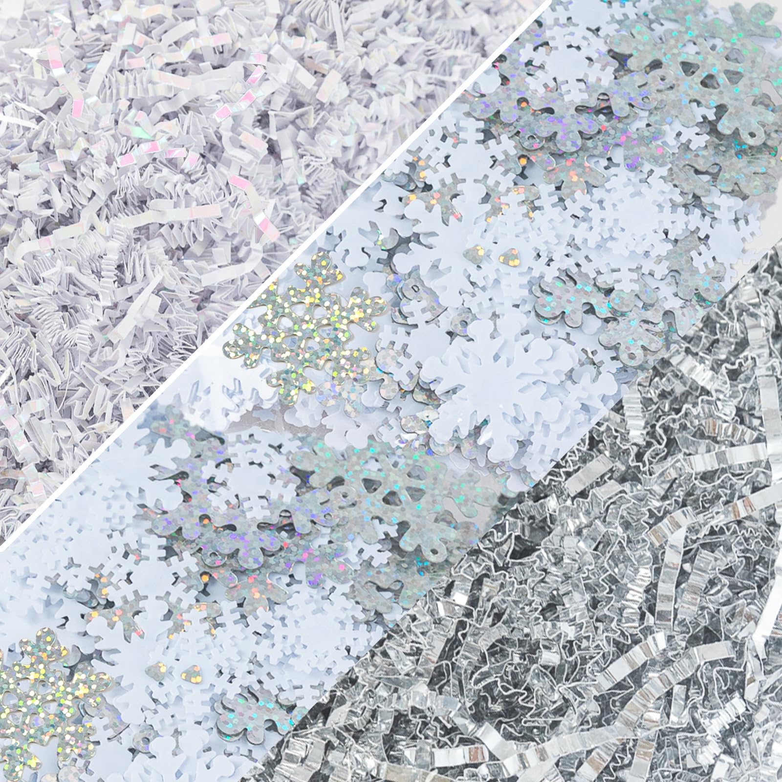 Gloreyan 8.8oz Christmas Crinkle Cut Paper Shred, Xmas Metallic Silver White Raffia Paper Sherd Filler Grass with Snowflake Confetti Decoration for