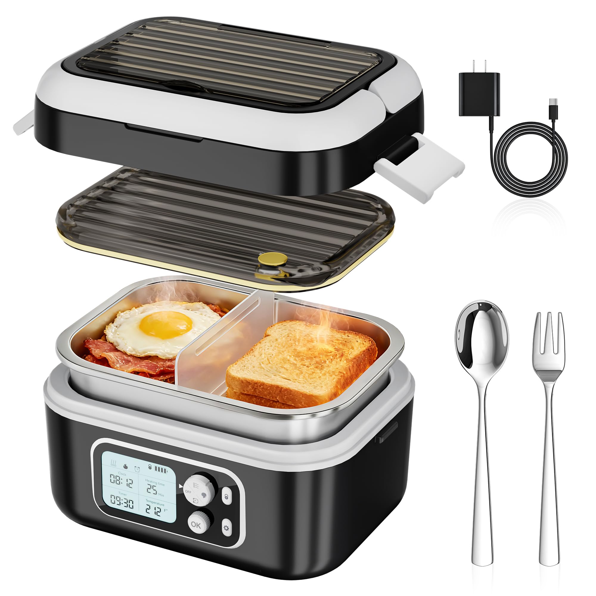 Yofidra Elektrische Lunchbox 1500ml, Heated Lunch Box | mit Akku | Digitalanzeige | Thermotasche | Löffel-Gabel-Kombination | Plastiktrennwand | Herausnehmbarer Trennplatte für Arbeit