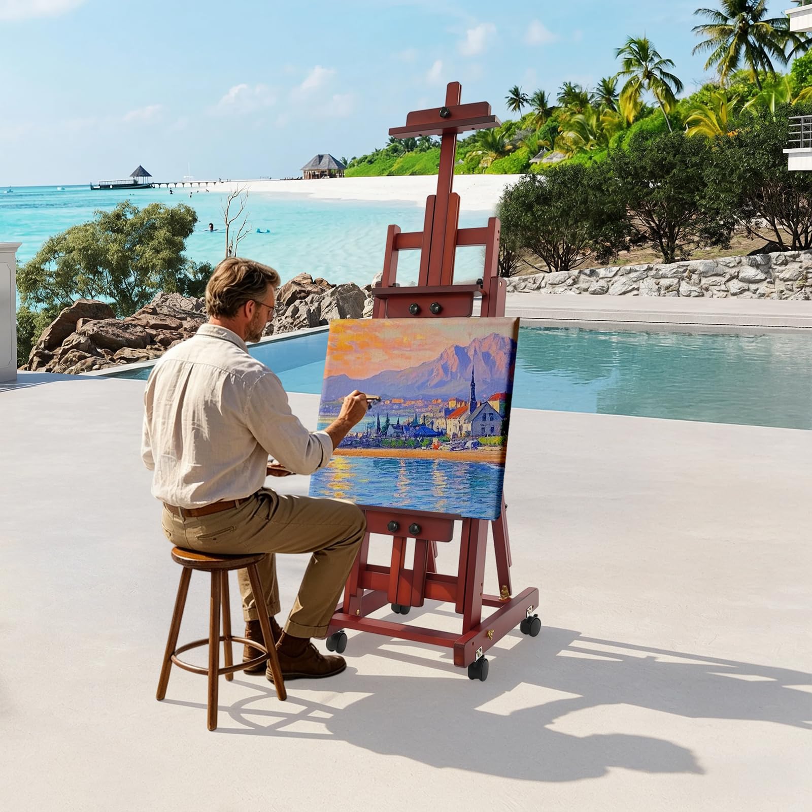Caballete de estudio versátil con marco en H, altura ajustable de 53,15 a 94,49 pulgadas, con ruedas para pintura y visualización, caballete de madera grande para pintura 50 x 43 x 135-240 cm