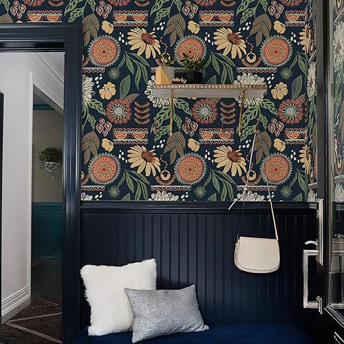 Miniatura 4 de Simon&Siff Papel tapiz bohemio para despegar y pegar, 17.3 x 120 pulgadas, diseño floral de sol, retro, extraíble, flores botánicas oscuras, mural