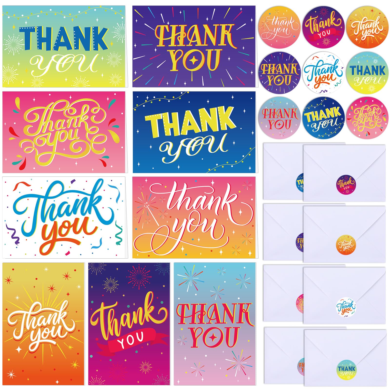 108 Pcs Thank You Cards with Envelopes and Stickers 4x6 Inches Colorful Style Thanks Greeting Card Vibrant Gradient Designs Blank Cards for Teacher Appreciation Employee Gratitude Holidays Christmas