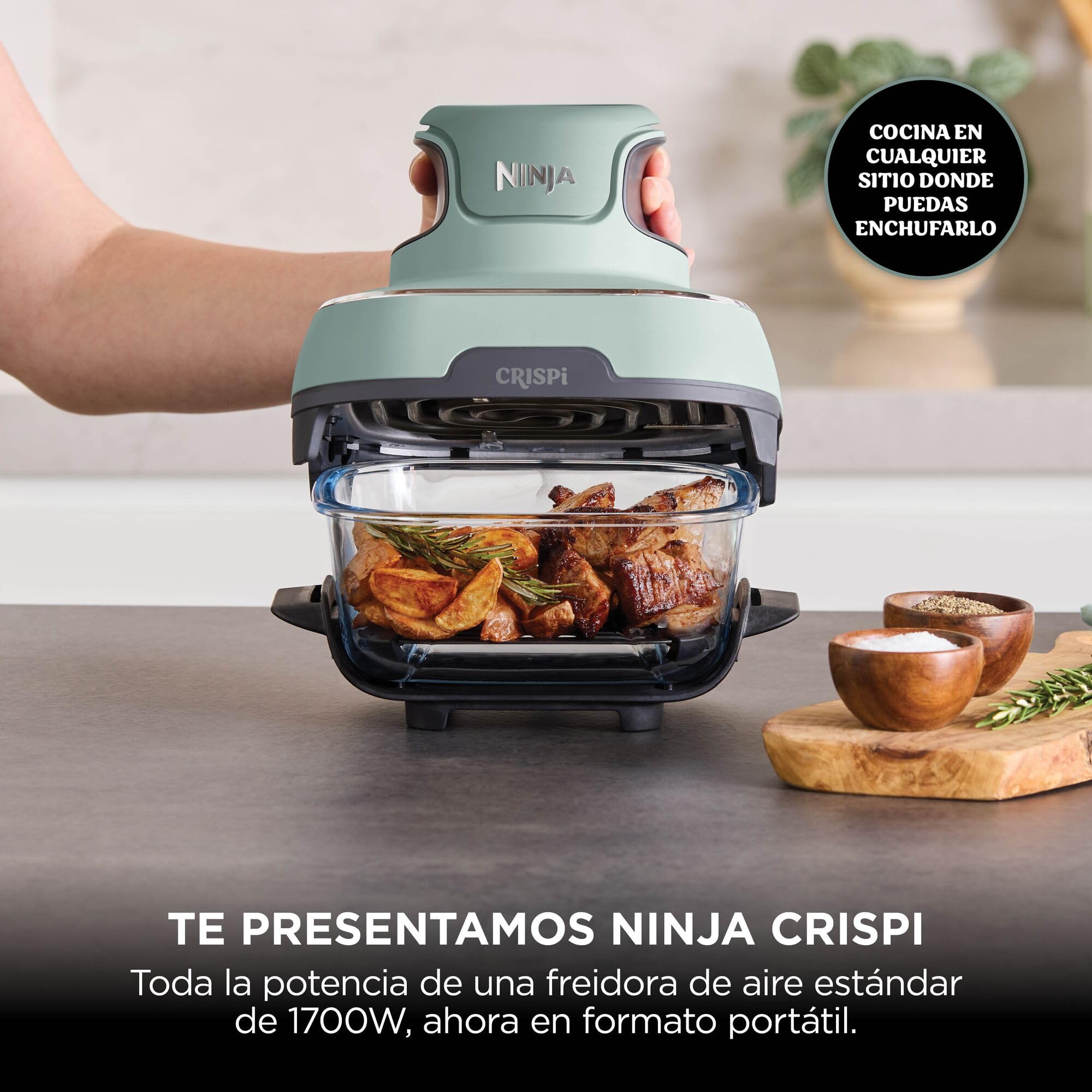 Ninja CRISPi Freidora de Aire portátil, 3,8 l, 4 en 1, freír con Aire, Asar, Mantener Caliente y gratinar, compacta, Incluye 2 recipientes de Vidrio extraíbles y Tapas