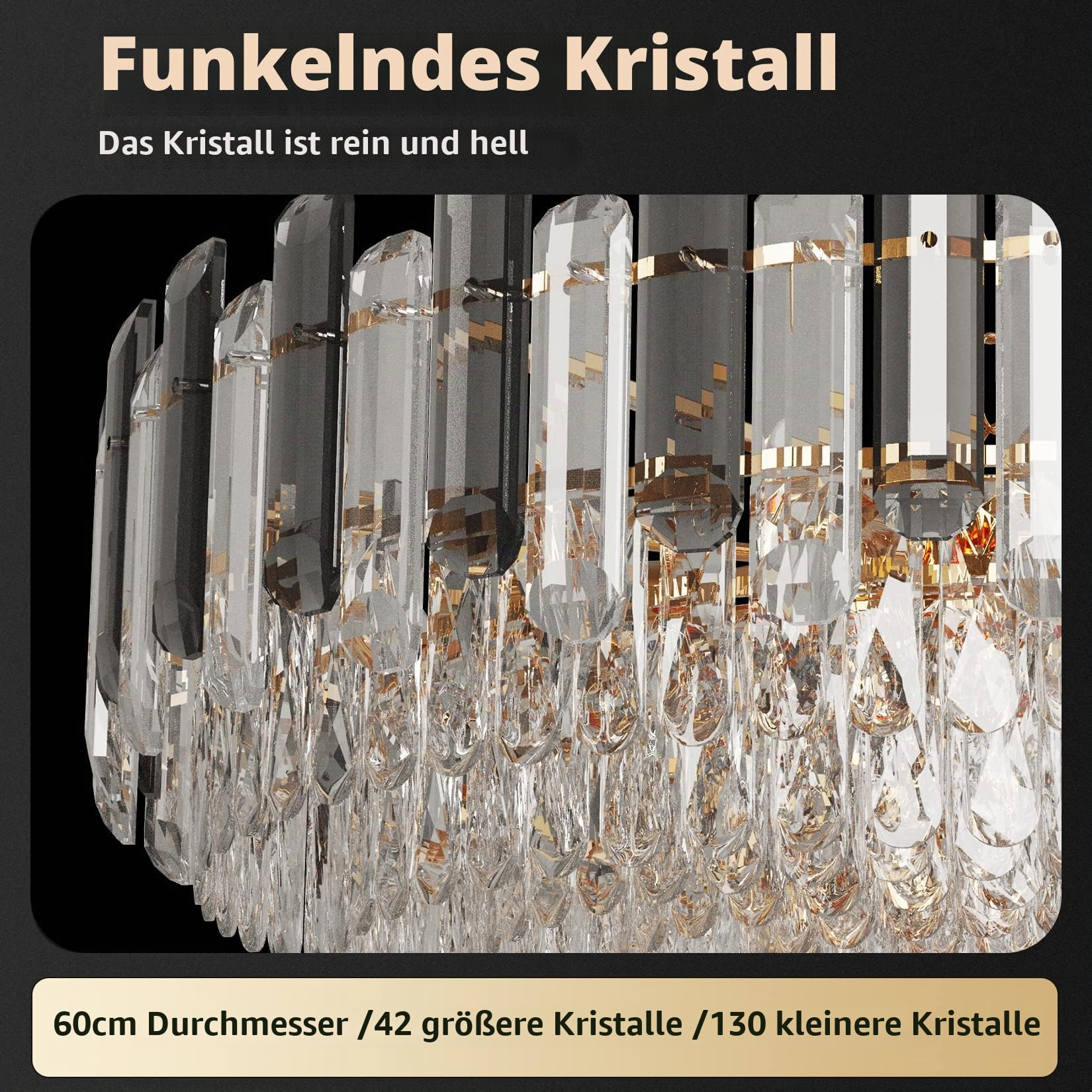 Kronleuchter Kristall Dimmbar Leuchte: 3 Ebenen Deckenleuchte mit 10 x E14 LED Lampen, Rund Deckenlampe 60cm für Wohnzimmer, Esszimmer, Küche, Flur