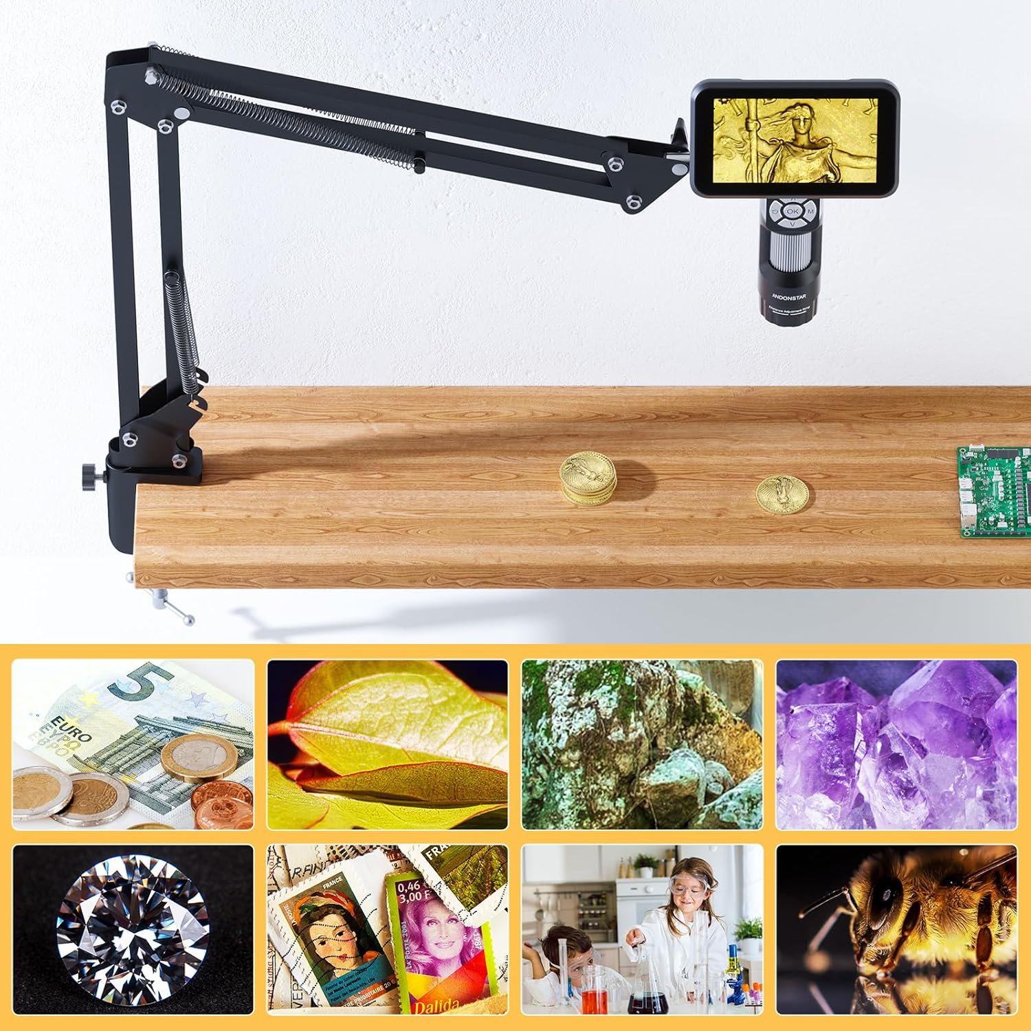 Andonstar AD115-Arm 5 inch LCD Digital Microscope with Flex Boom Arm Stand for Adults and Kids, Electronics Soldering Microscope for PCB Solder, Handheld Coin Magnifier with LED Lights