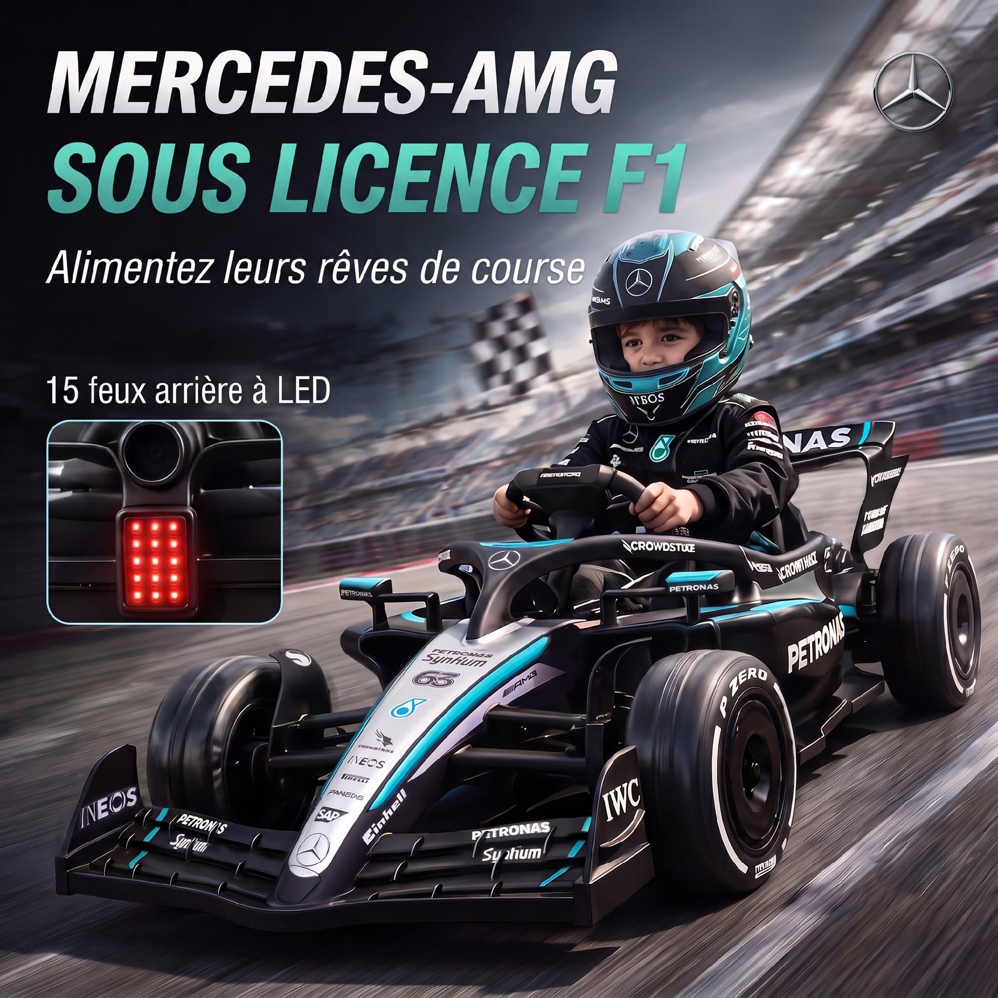 AIYAPLAY Kart Électrique Enfants 12V, Télécommande, LED, 3-5 Ans, Noir