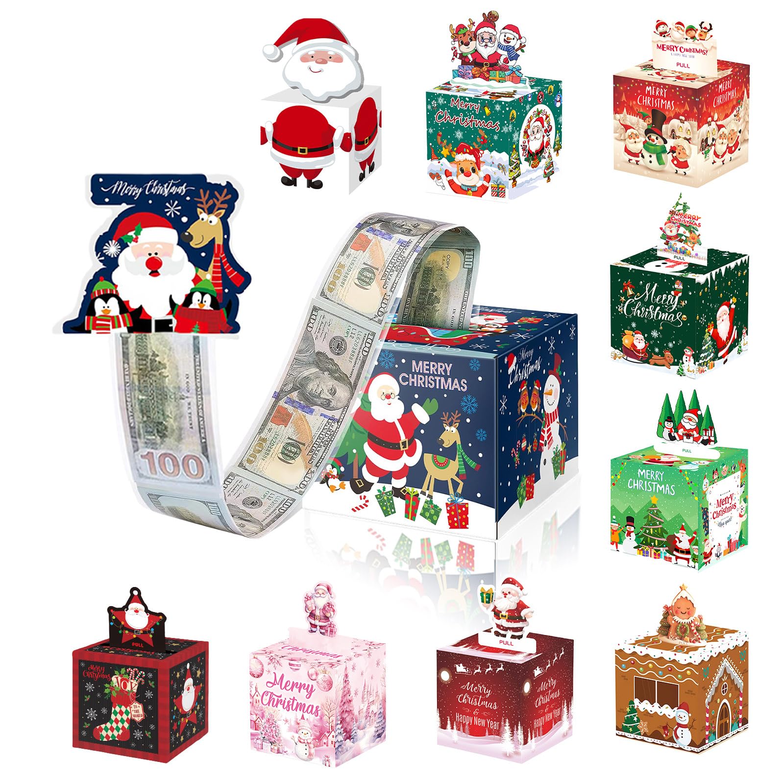 Christmas Money Box for Cash Gift,Christmas Pull Surprise Money Gift Box for Kid/Adult Presents,Money Cake Pull out Cash with Xmas Card and 50P Bags,Money Reveal Boxes Xmas Party Money Boxes for Cash