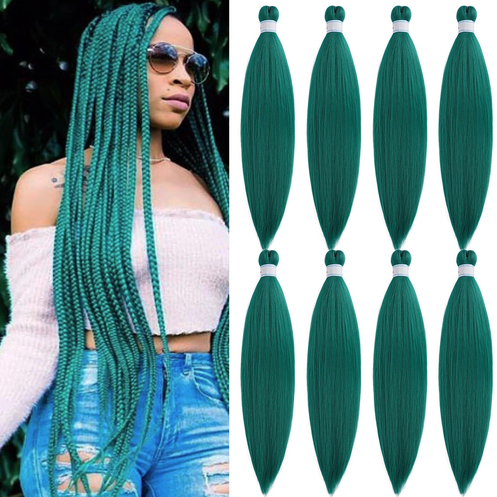 Ai Yuchen Pre Stretched Braiding Hair Green Knotless Teal Braiding Hair Pre Stretched Colored Hair Extensions for Braiding Box Braids Prestretched