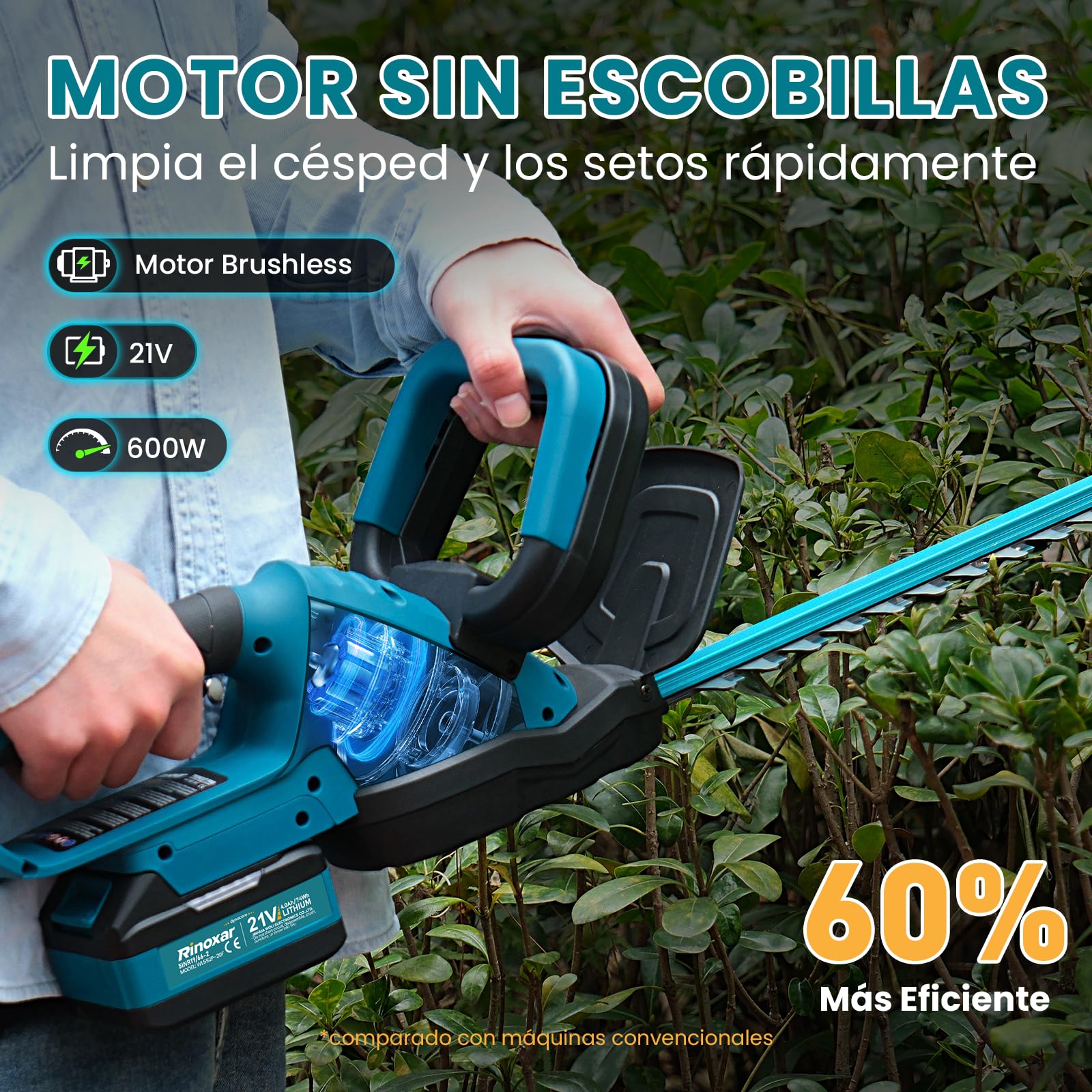 Cortasetos Bateria con 2X 4000mAh Baterías y Cargador, Motor Brushless 600W 28500rpm Cortasetos Electrico, Hoja 52cm, Corta Setos para Jardin y Arbustos