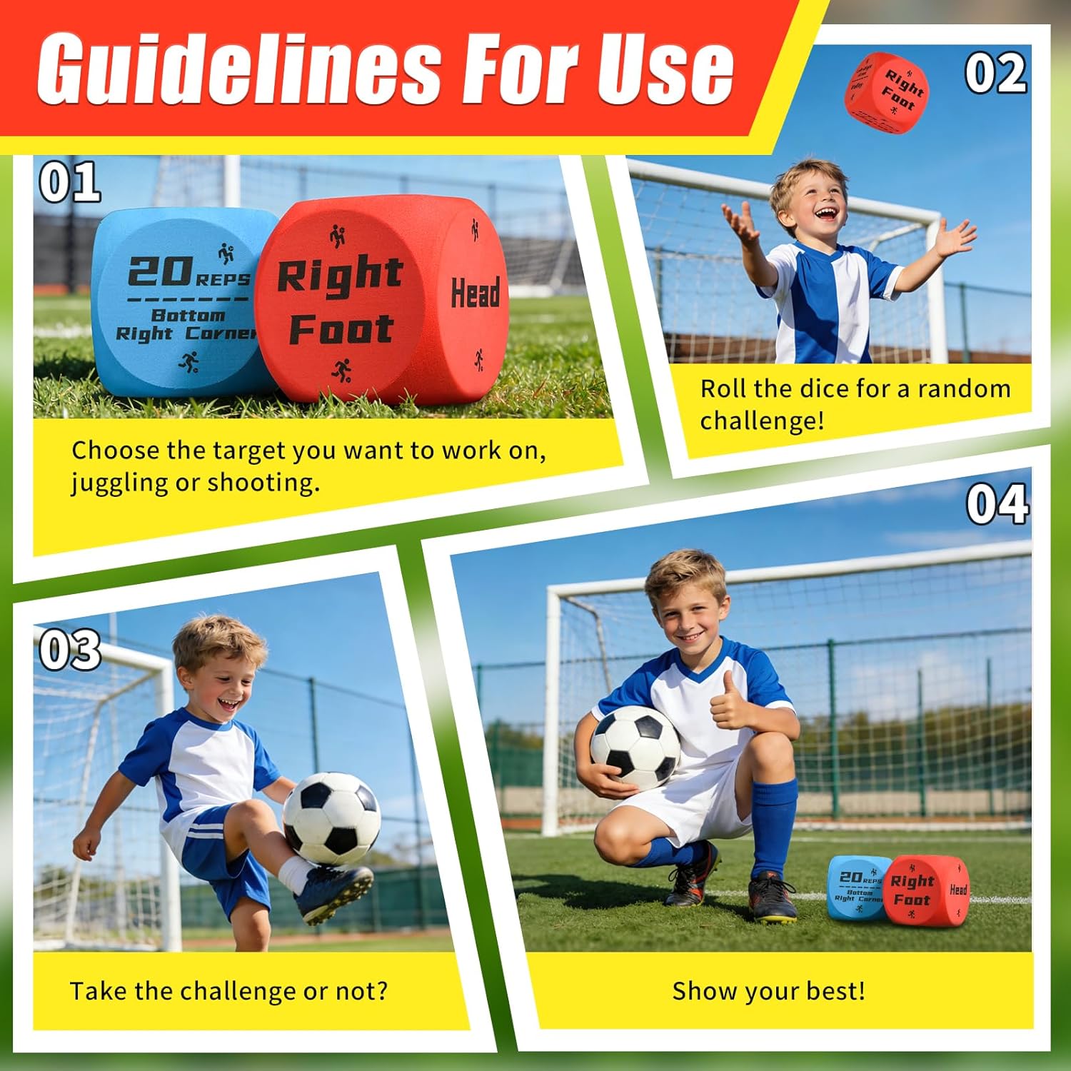Big Size Soccer Training Dice Set, 2Pcs Soccer Gifts Shooting & Juggling Soccer with Mesh Bag Training Equipment for Games, Boost Soccer Skills with Fun Practice for 8-12 Boys & Girls