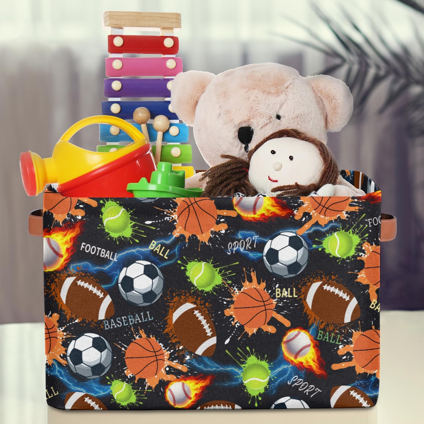 Sports Ball Storage Basket, Cool Basketball Football Soccer Print Fabric Organizer with Leather Handles, Foldable Bin for Boys Room, Sports Gear, Clothes, Bedroom, Game Room, Present for Sports Fans