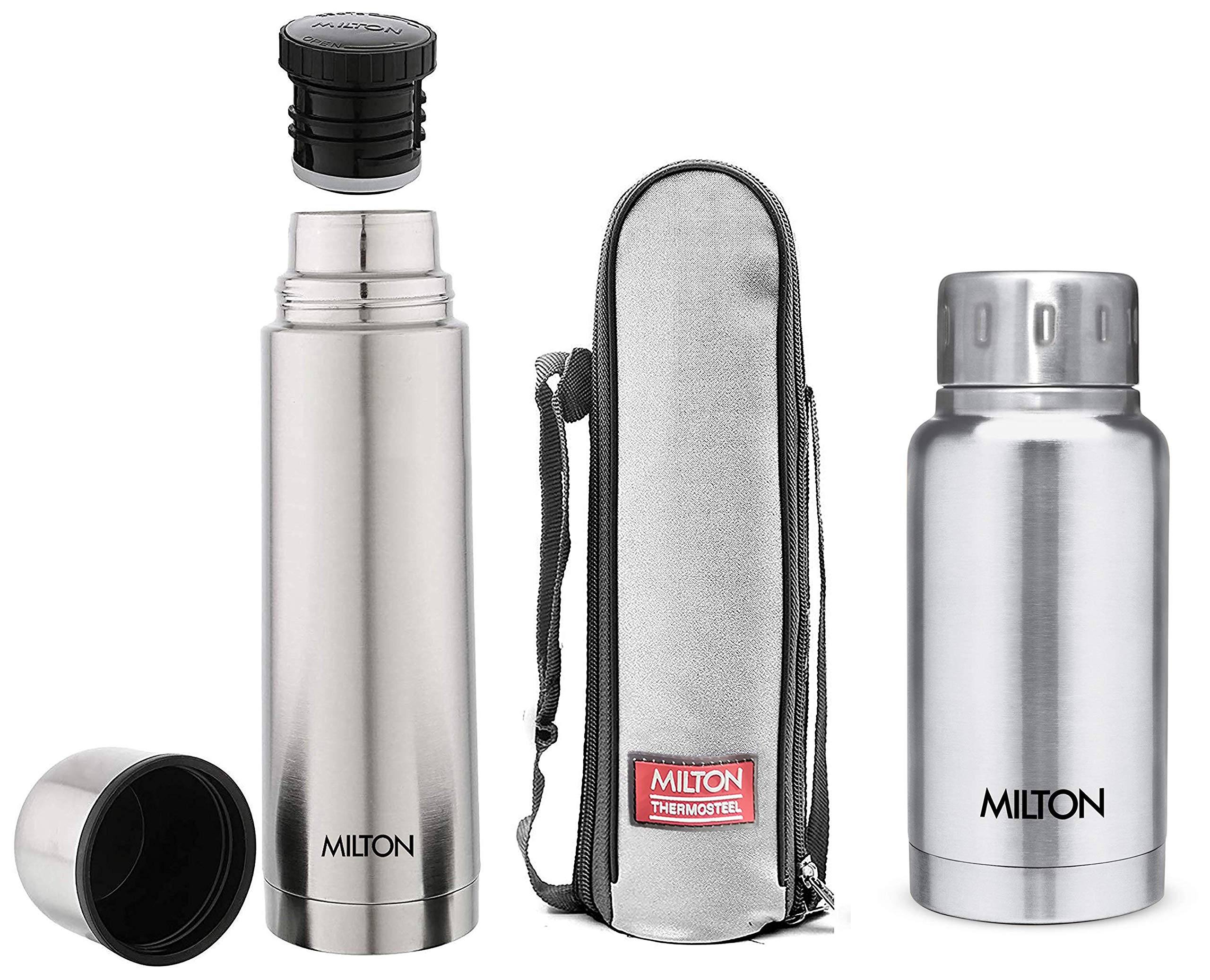 Milton Thermosteel Plain Lid 1000 Flask, 1 LTR, Silver & Elfin Vacuum Flask, 160 ml, Steel Combo