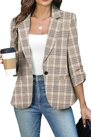 ELLEVEN Womens Ruched 3/4 Sleeve Blazer, Lightweight Fitted Jacket
