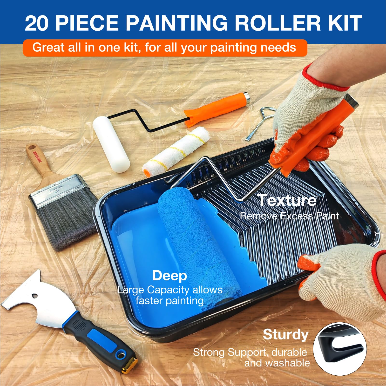 Kit de 20 rodillos de pintura, rodillos de pintura de 9 y 6 pulgadas, pinceles, bandejas de pintura y accesorios, suministros de pintura profesionales para paredes y techo