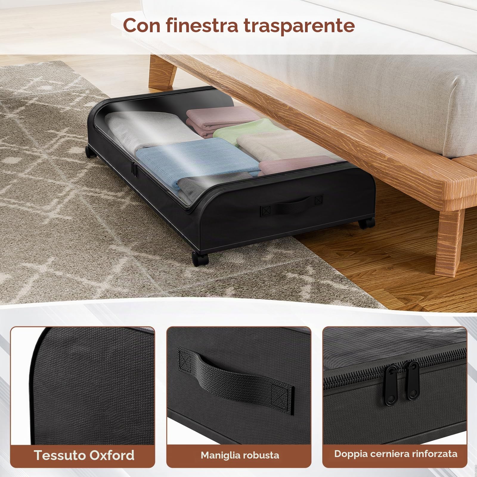 3 Pezzi 50L Scatole con Ruote per Vestiti Salvaspazio, Scatola per Armadio Pieghevole Porta Abiti con Manico Rinforzato, per Coperte Biancheria da Letto, 77x44x18 cm