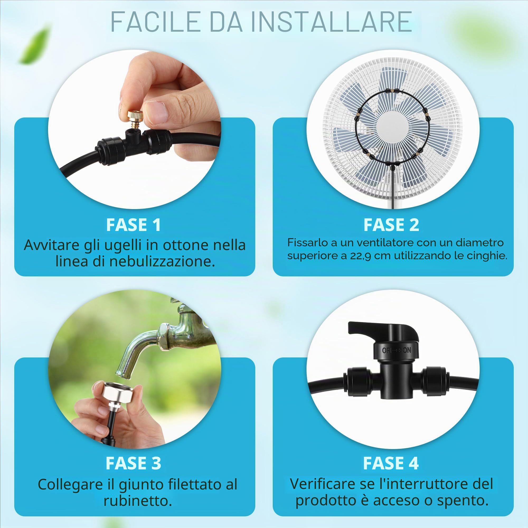 Kit di ventilatore da esterno con nebulizzazione Enhon con filtri, linea di nebulizzazione da 10 m, 5 ugelli in ottone, ventilatore refrigerante con valvola di intercettazione per brezza da patio