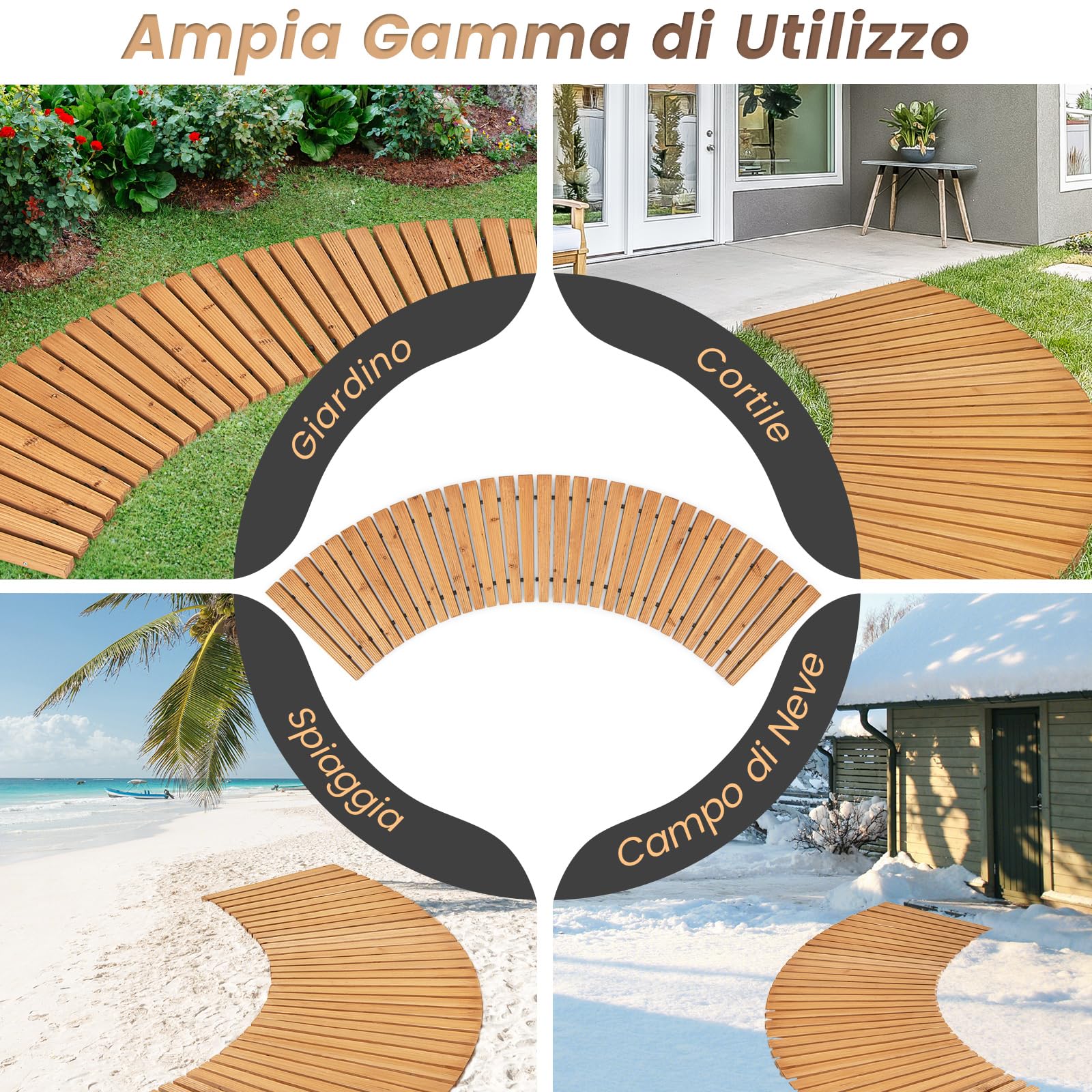 COSTWAY Sentiero da Giardino in Legno, Passerella Curvo da Esterno con Superficie Antiscivolo e Fili Metallici, Design Arrotolabile, per Patio Cortile e Spiaggia, Naturale (216 x 53 cm)