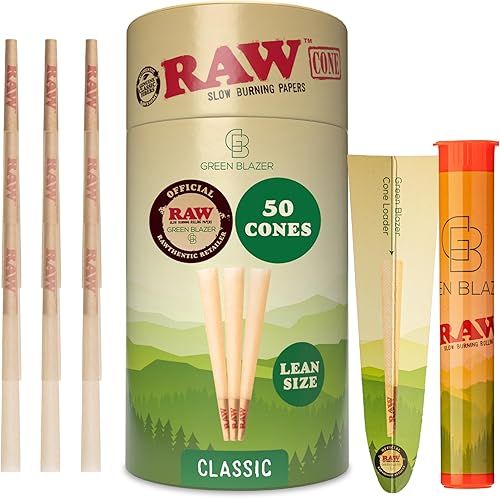 Raw Cones Classic Lean paquete de 50 rollos y puntas de conos preenrollados delgados, de combustión lenta rawauténtica, 4.291 in sin blanquear,