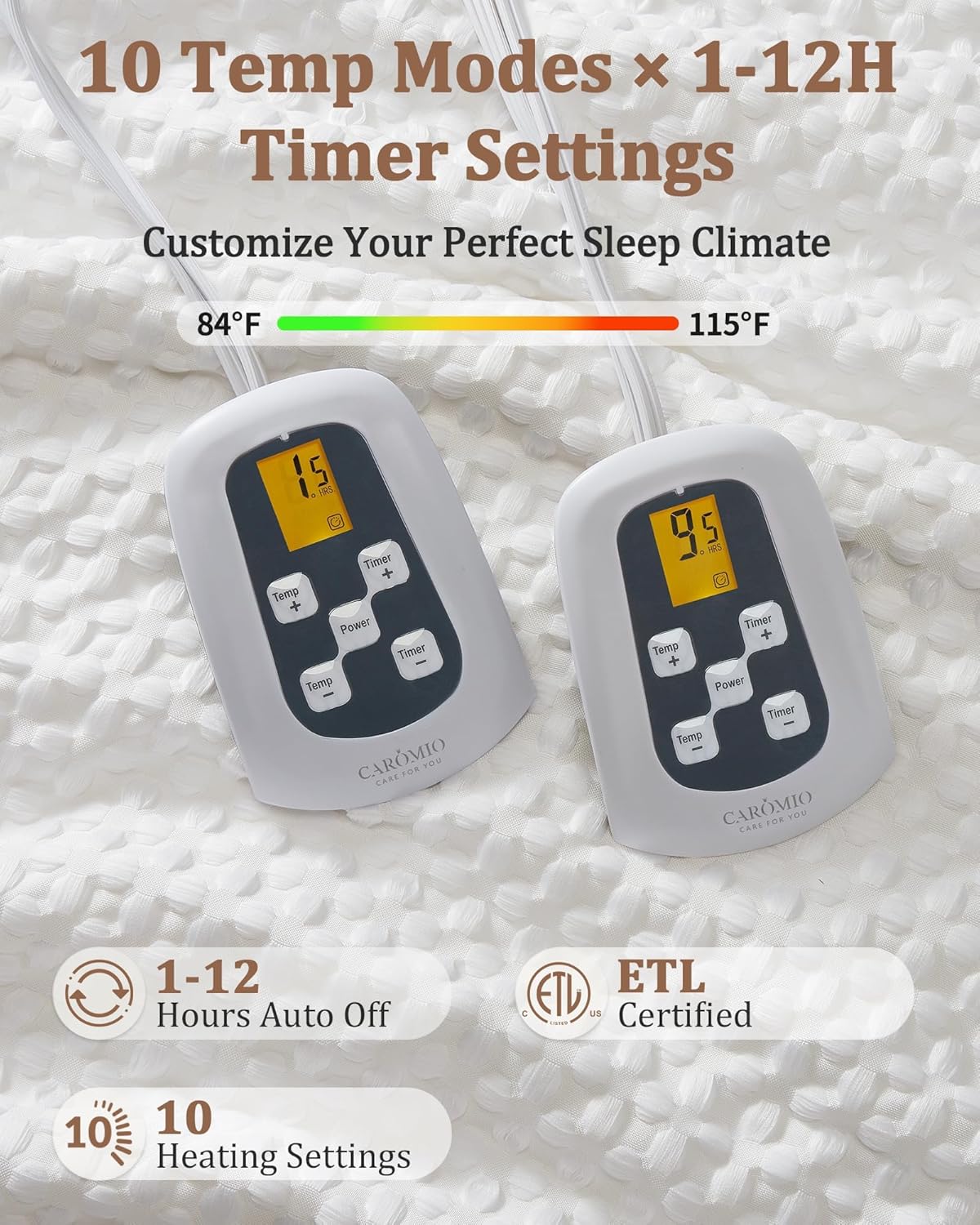 CAROMIO Heated Blanket Queen Size with LCD Dual Controller, Waffle Weave Fast Heating Electric Blankets, 10 Heat Levels & 1-12H Time Settings, ETL Certified, Machine Washable, Off White, 84" x 90" - Image 3