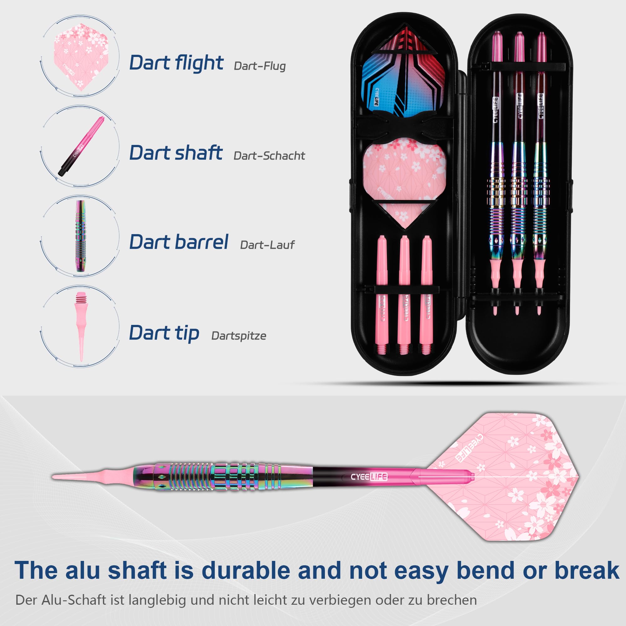 CyeeLife Fléchettes avec Pointe en Plastique,3 Pièces Professionnelles Softdarts pour Cible électronique,Set de fléchettes avec 6 fléchettes + 6 Flights + 1 Dart Case