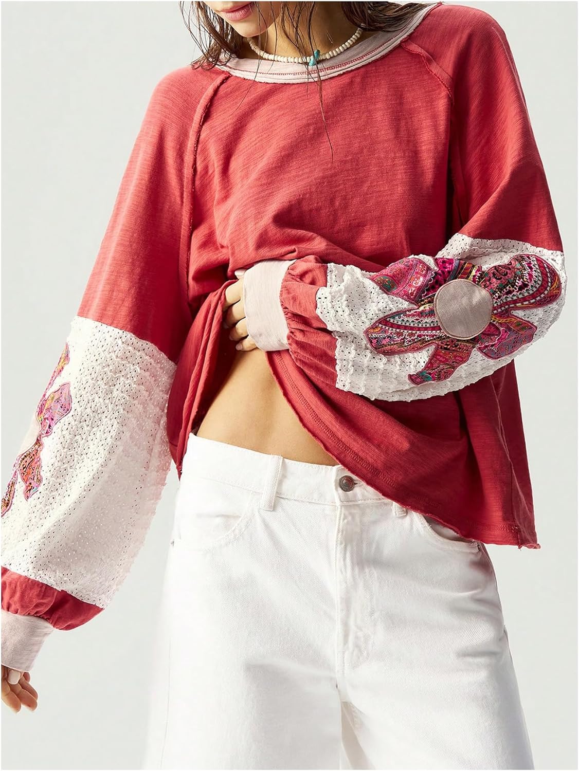 Women's Oversized Sweatshirt Boho Tops Patchwork Crewneck Sweatshirt Floral Long Sleeve Pullover Tops - Image 5