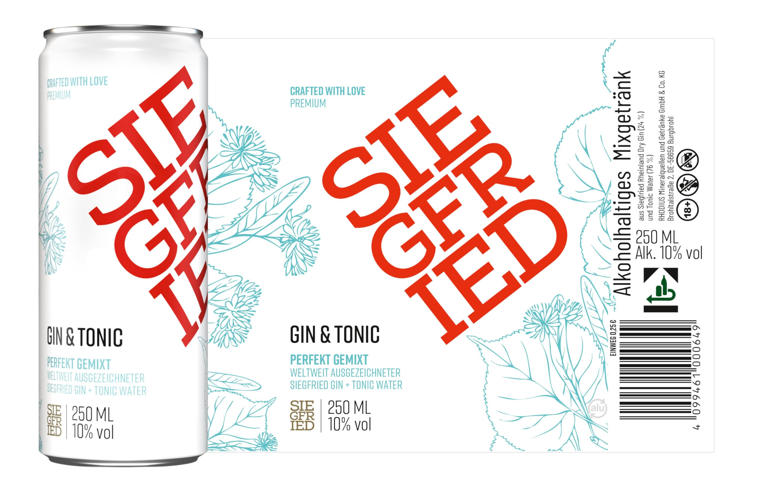 Siegfried Gin & Tonic | Premium Longdrink mit perfekt abgestimmtem Tonic Water | Ready-to-Drink | 12 x 250ml Dose | EINWEG | Made in Germany