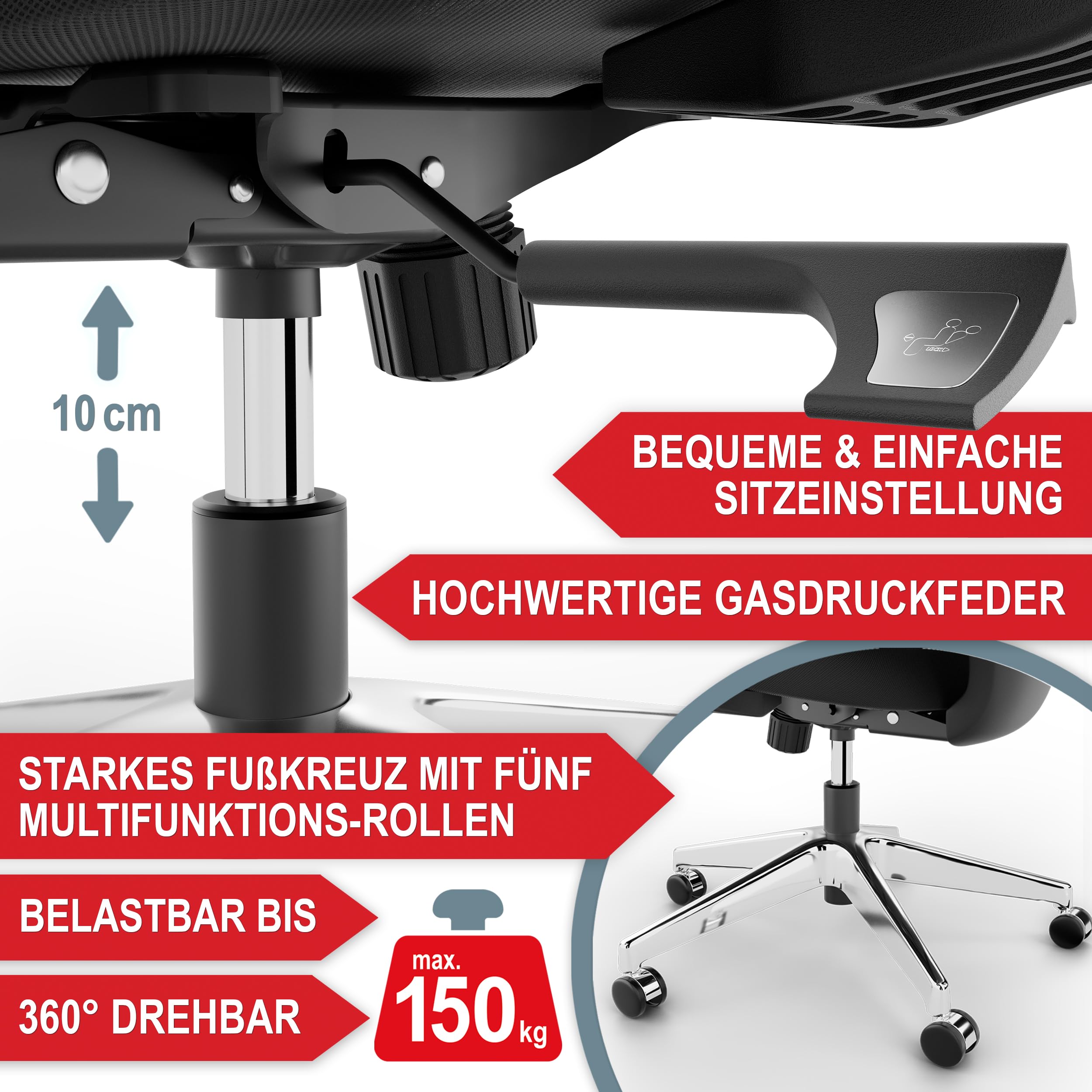 Onbest Bürostuhl ergonomisch – Mesh-Stuhl mit Lordosenstütze | Homeoffice- und Büro-Drehstuhl mit Kopfstütze, Armlehnen, breiter Sitzfläche, leisen Rollen und bis 150 kg belastbar